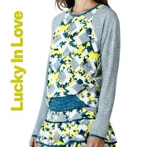 Lucky In Love Top Sz S Yellow Blue Camo/Geometric Print Long Sleeve Shirt